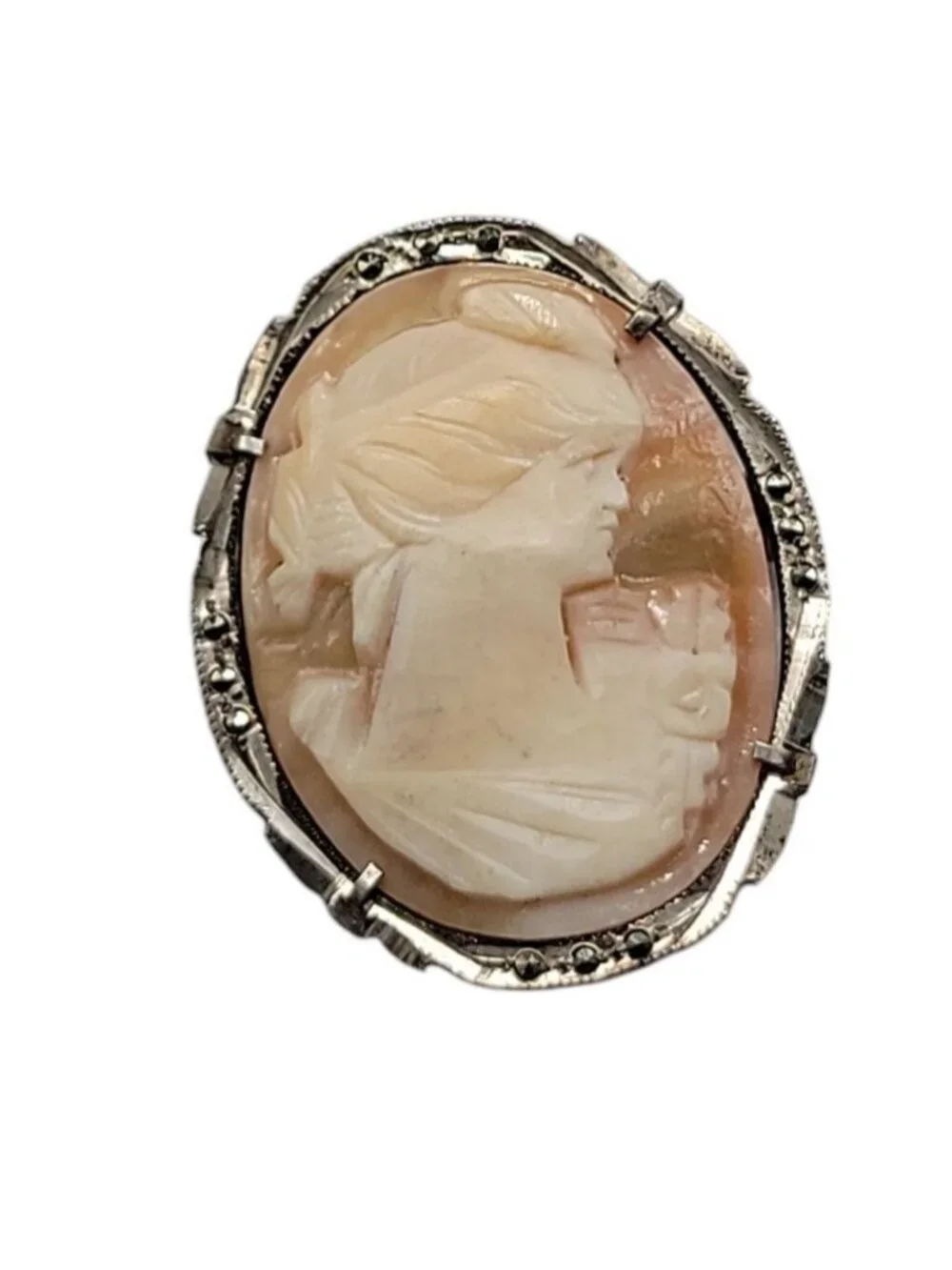 Antique 800 Silver Shell Cameo Brooch Italian Marcasite Studded Thin Delicate - Picture 3 of 12